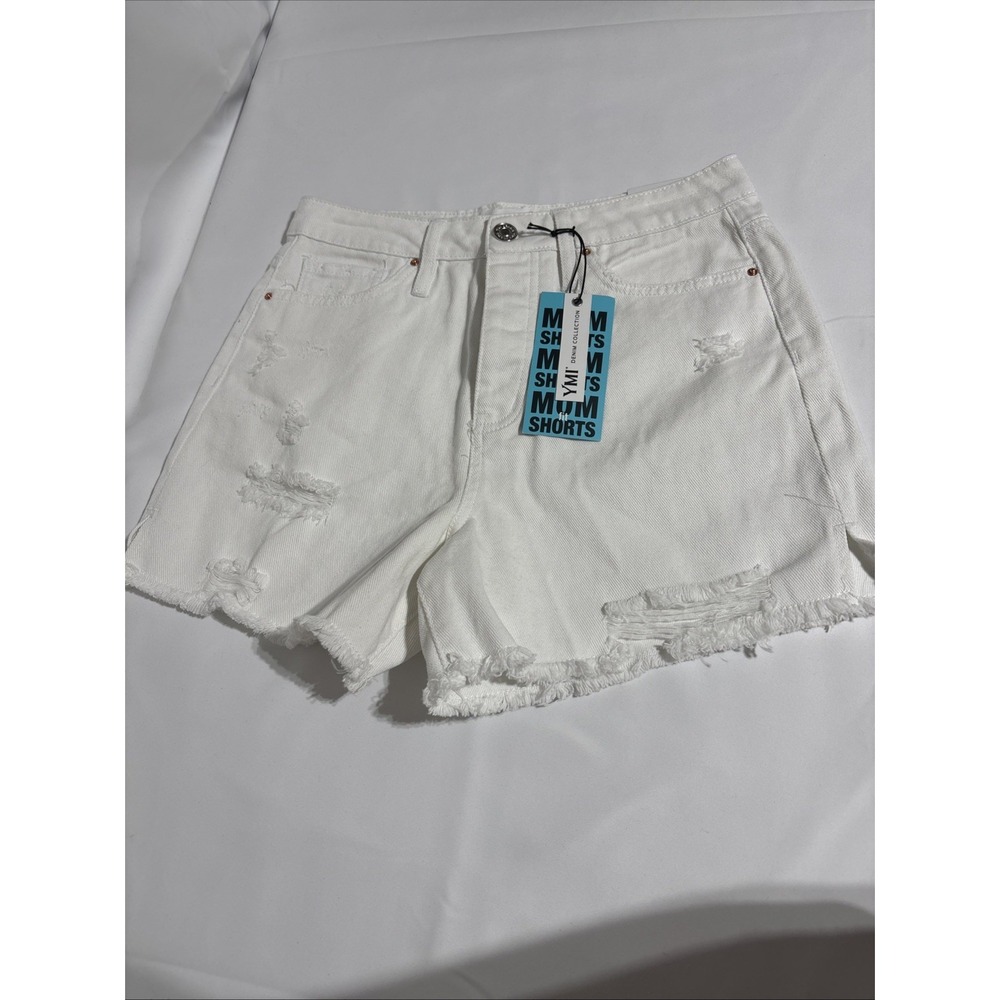 YMI Distressed Mom Fit Denim Shorts Women Size 5 White Cut‎ Offs Stretchy NWT